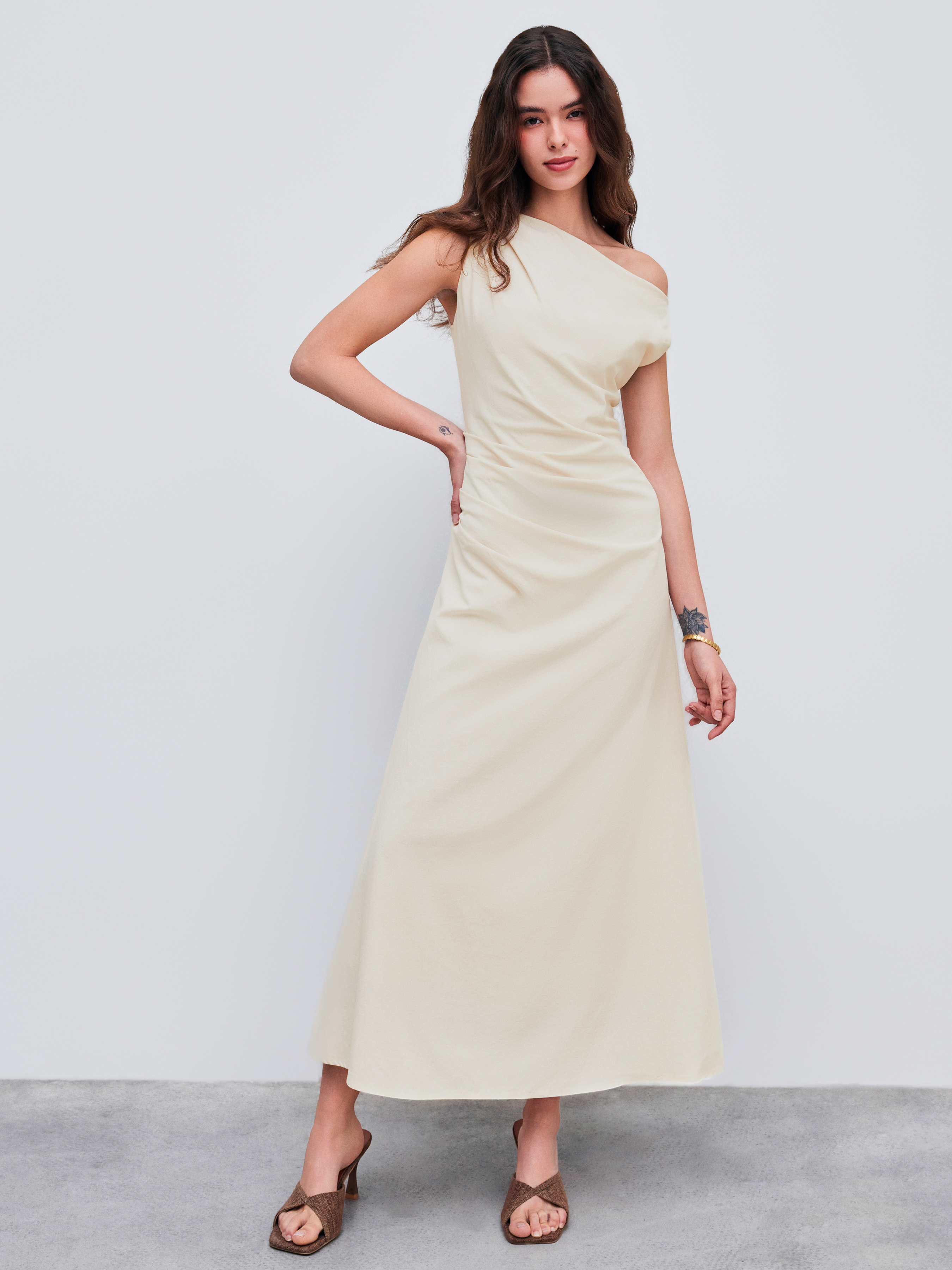 Asymmetrical Neck Solid Ruched Maxi Dress