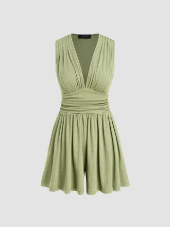 V-neck Solid Ruched Pocket Romper