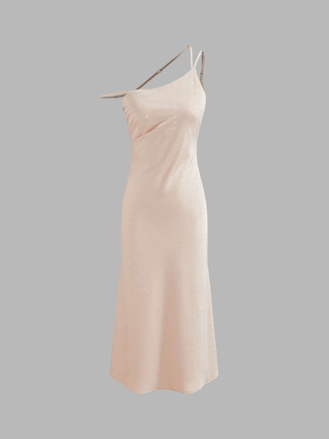 Satin Asymmetrical Neck Rhinestone Ruched Midi Dress