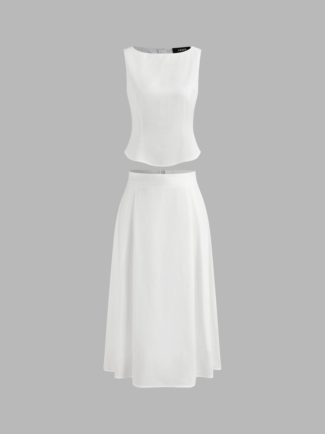 Woven Boat Neck Solid Tank Top & Mid Rise Midi Skirt