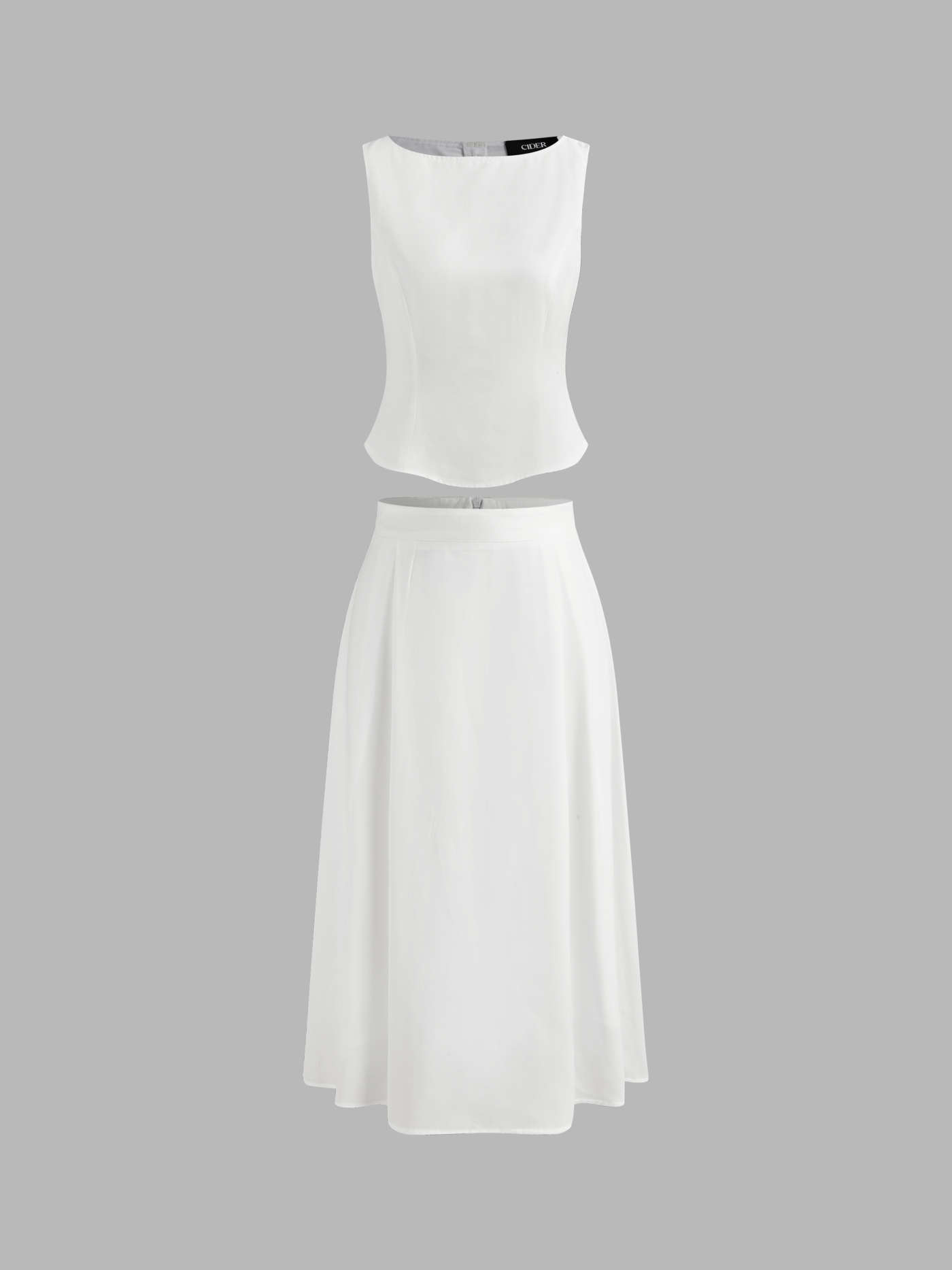 Woven Boat Neck Solid Tank Top & Mid Rise Midi Skirt