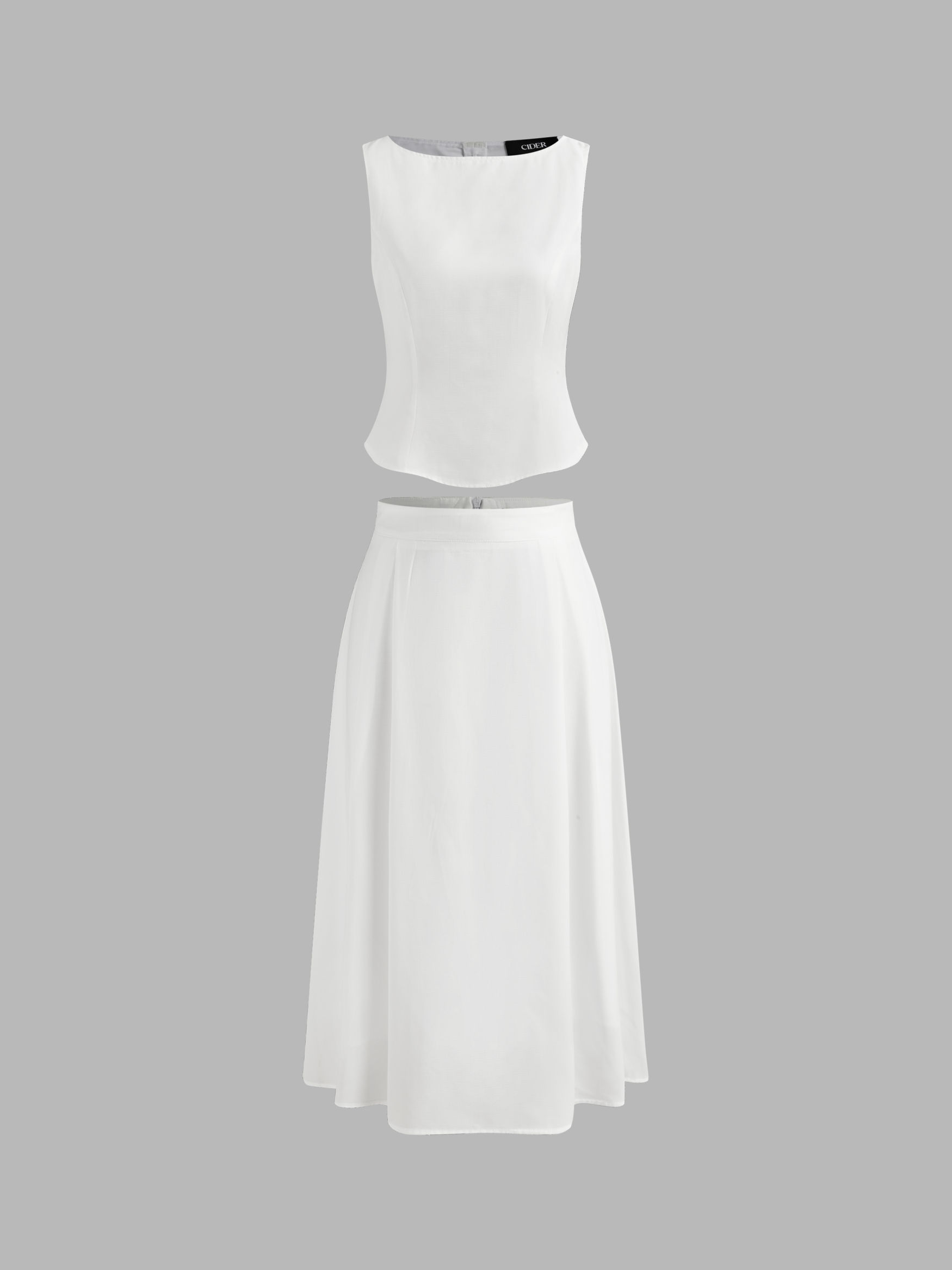 Woven Boat Neck Solid Tank Top & Mid Rise Midi Skirt