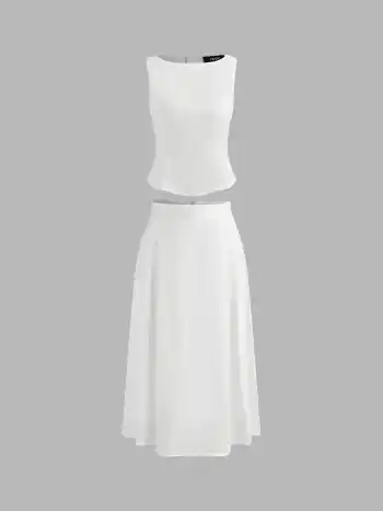Woven Boat Neck Solid Tank Top & Mid Rise Midi Skirt