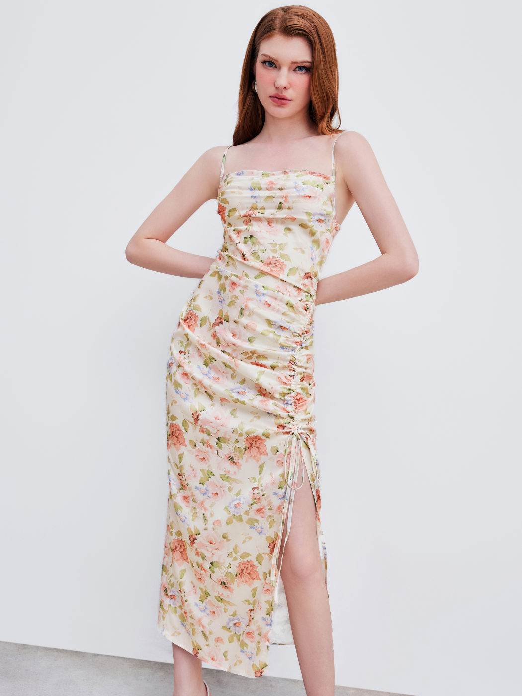 Woven Square Neck Floral Drawstring Ruched Midi Dress