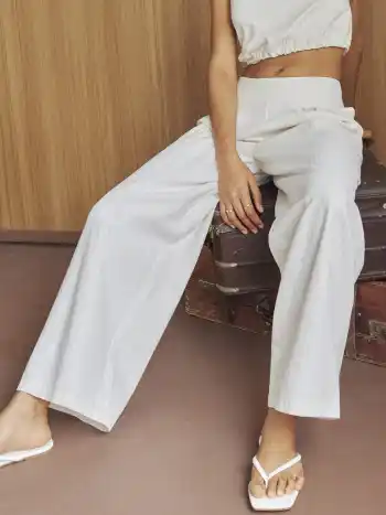 Woven Mid Rise Solid Striped Wide Leg Trousers