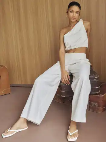 Asymmetrical Neck Solid Striped Knotted Crop Top