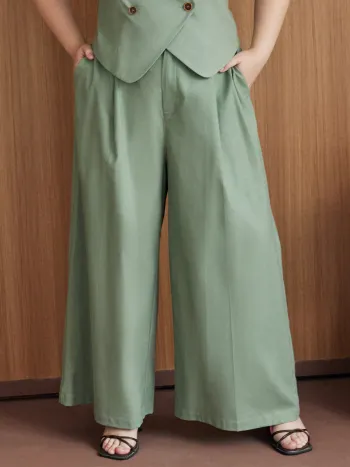 Pantaloni a gamba larga in misto lino a vita media con tasche solide Curve & Plus
