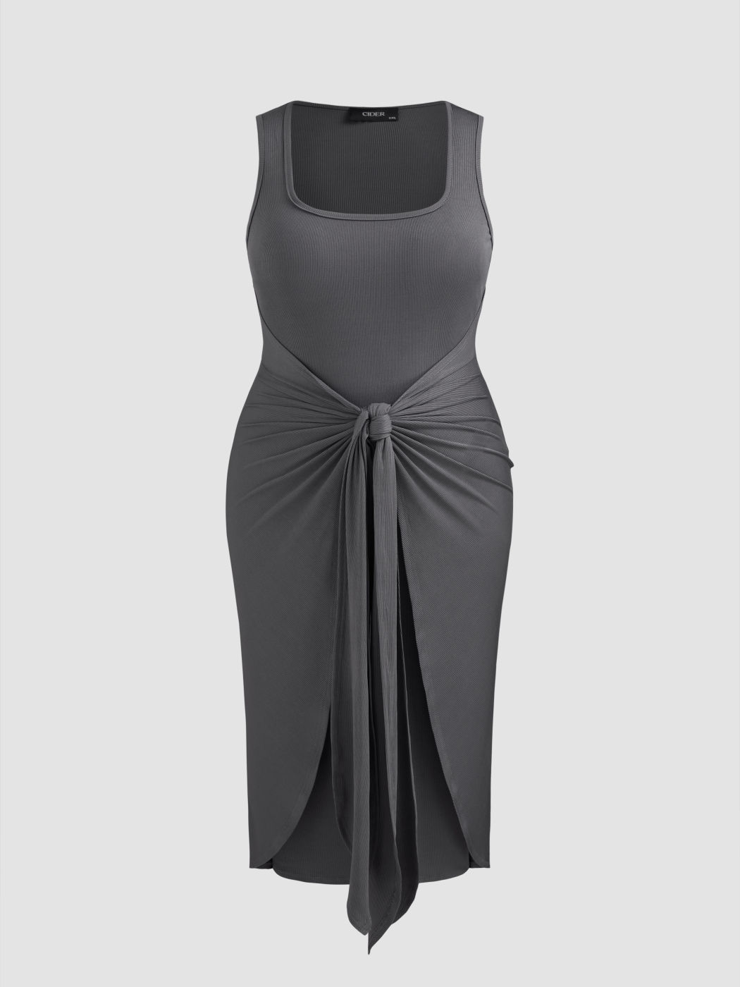 Maxi abito con scollo quadrato, solido e annodato Curve & Plus