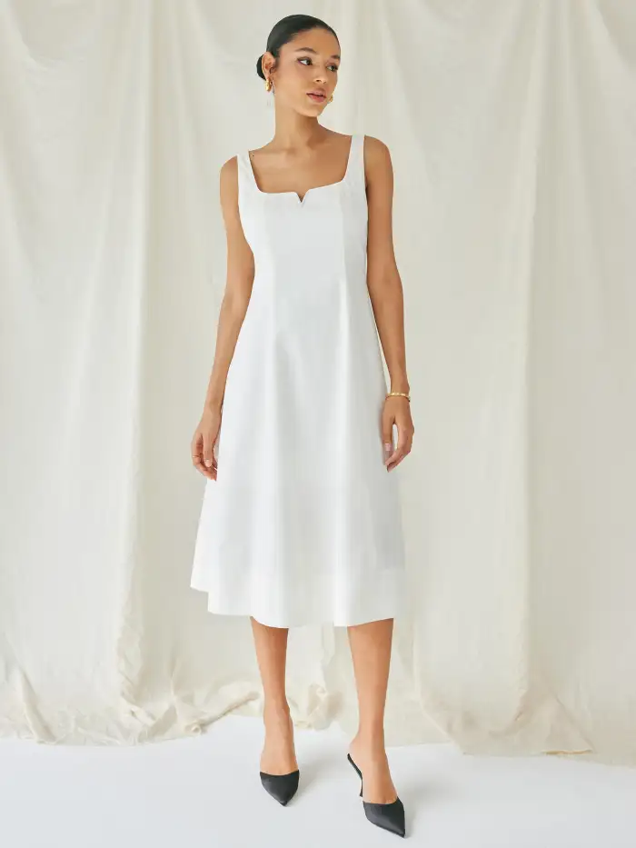 Wedding Guest Dress Linen Dress Linen-blend Linen-blend Square Neck Solid Shirred Midi Dress For Date Wedding Guest Dress Linen Dress Linen-blend Linen-blend Square Neck Solid Shirred Midi Dress For Date