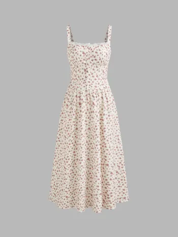 Square Neck Floral Corset Lace Up Midi Dress