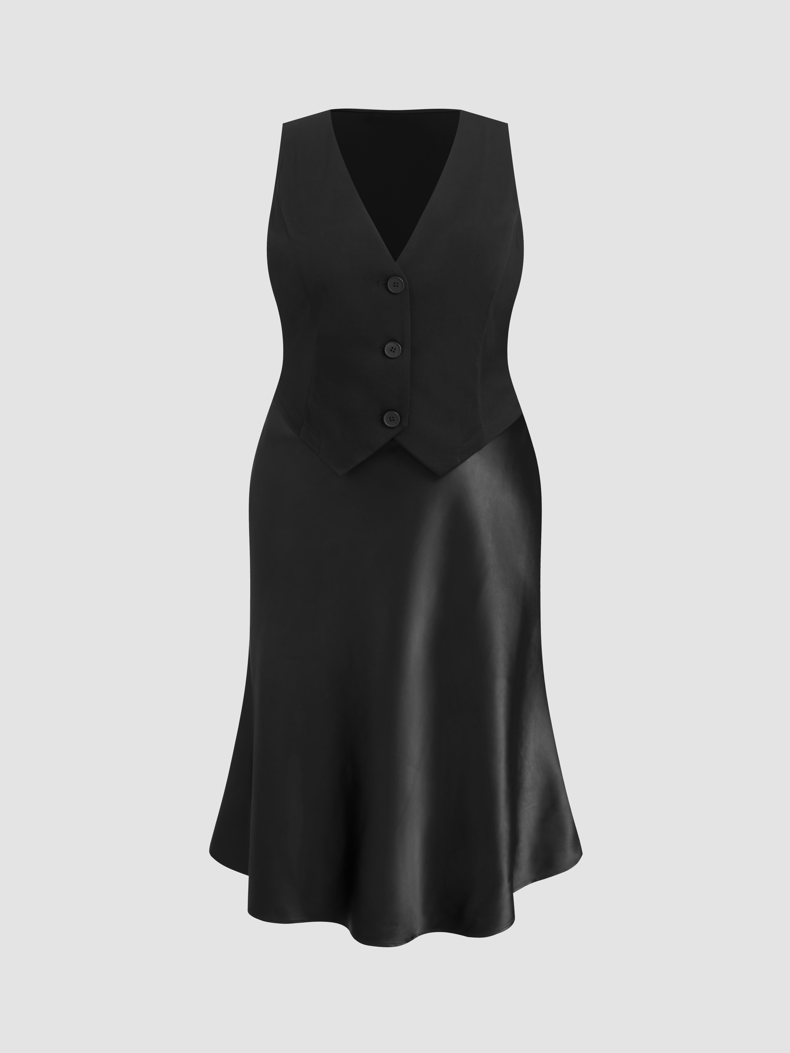 Satin Woven V-neck Solid Sleeveless Blazer Maxi Dress Curve