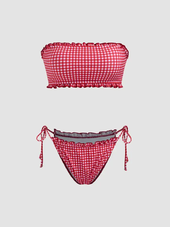 Jersey Strapless Gingham Tie Side Knotted Bandeau Bikini Set