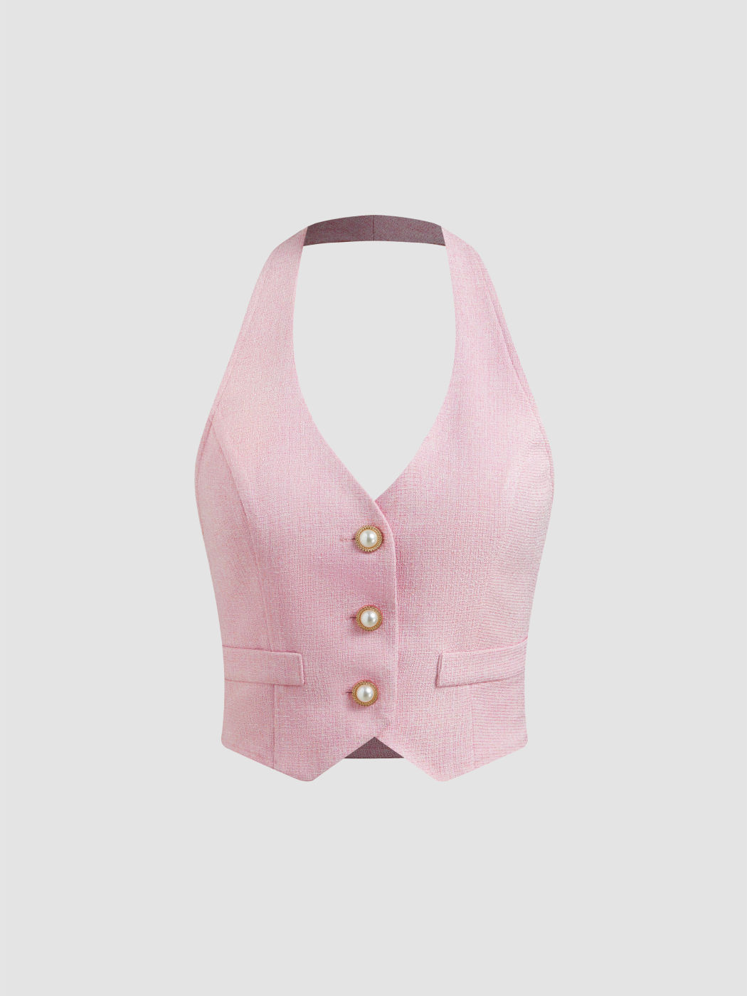 Woven Halter Pearl Button Crop Vest
