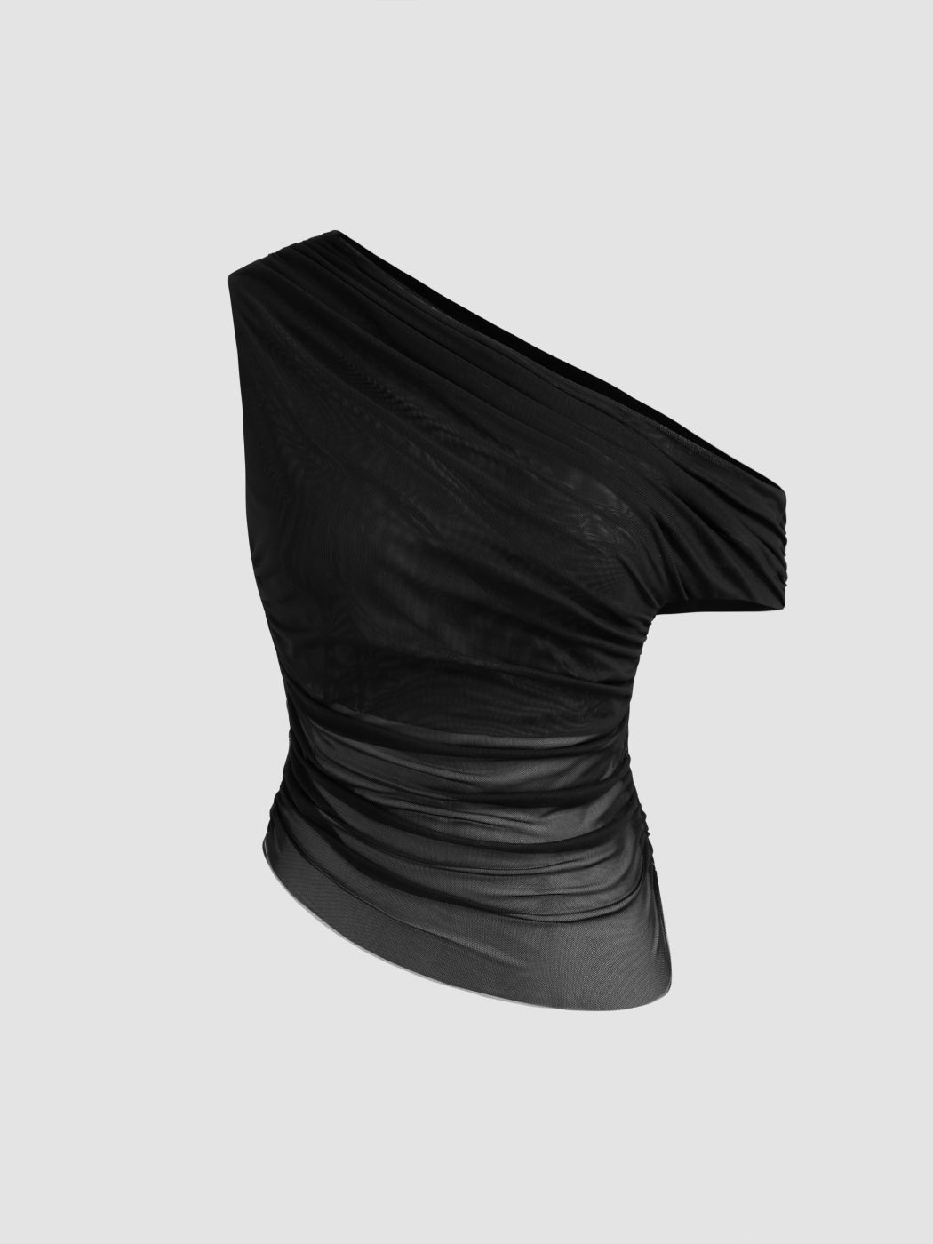 Mesh Asymmetrical Neck Solid Ruched Short Sleeve Top