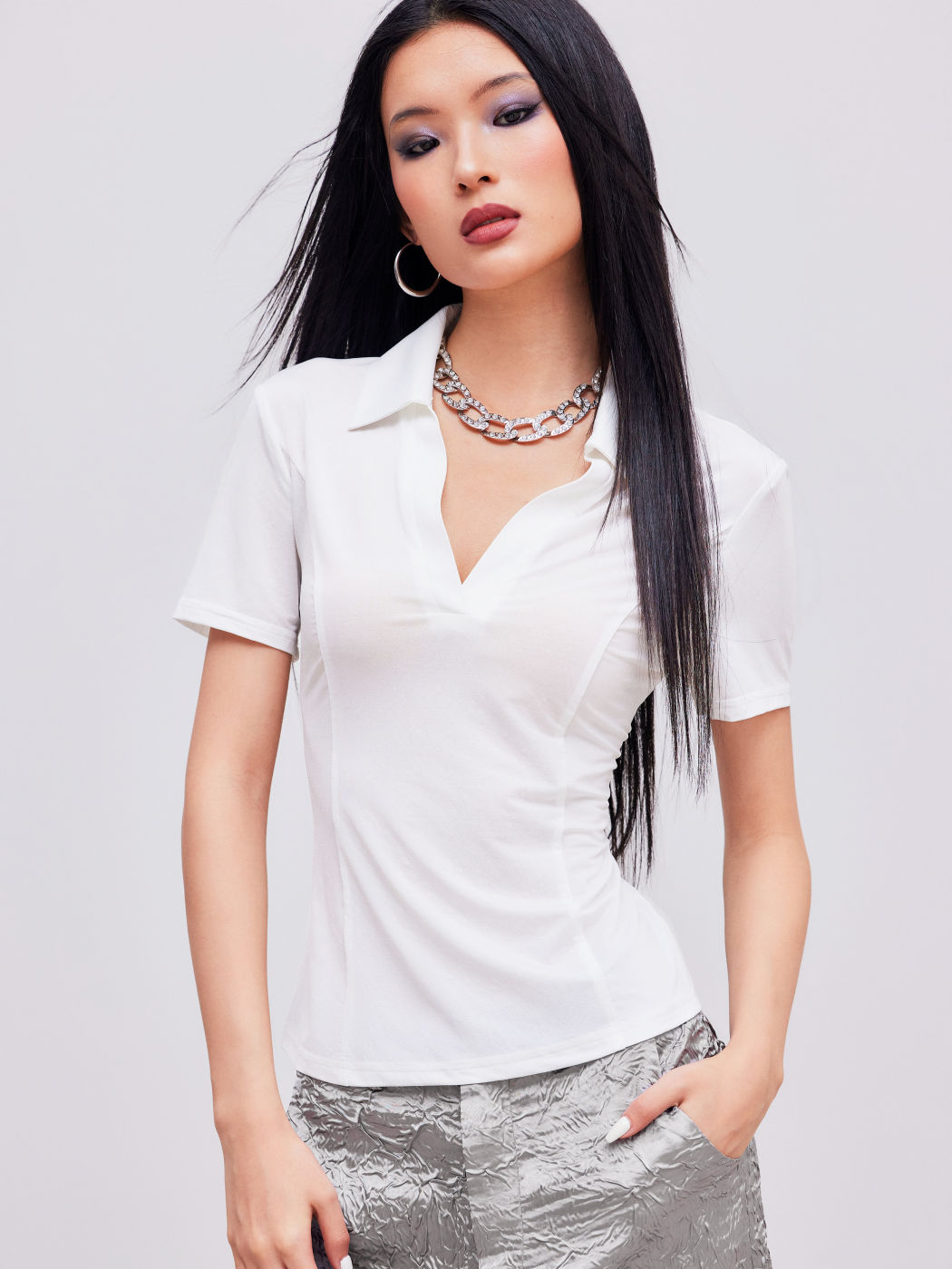 Collar Solid Short Sleeve Tee