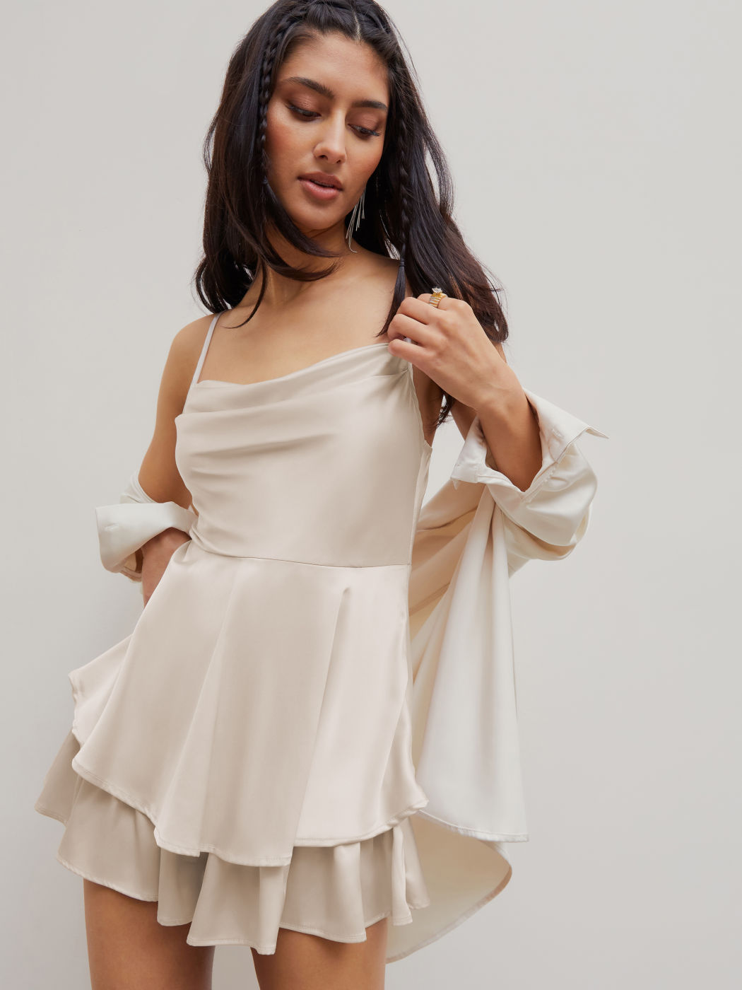 Cowl Neck Satin Layered Romper