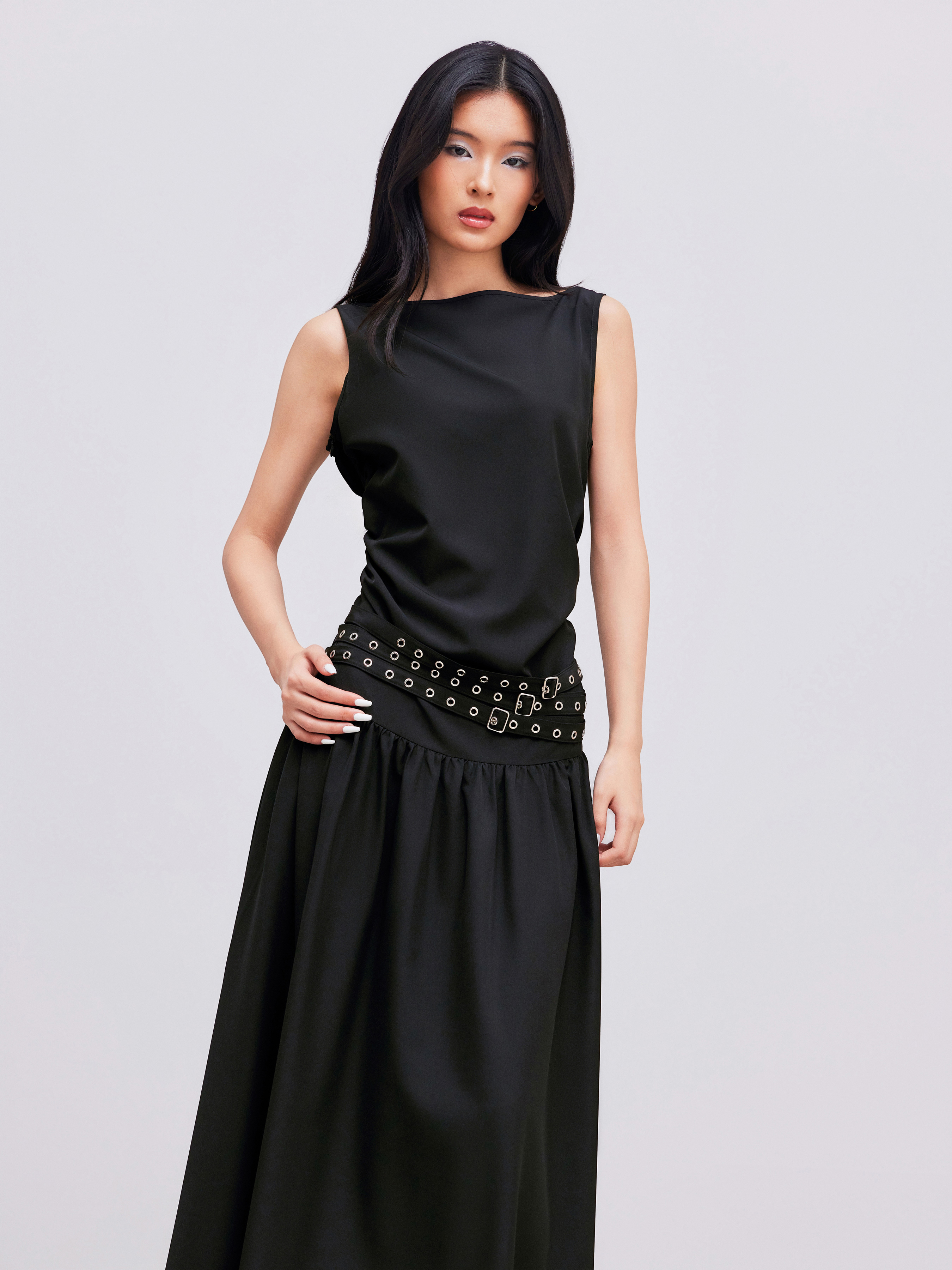 Drop Waist Dress Woven Woven Boat Neck Sleeveless Maxi Dress
