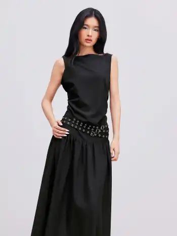 Woven Boat Neck Sleeveless Maxi Dress With Belt