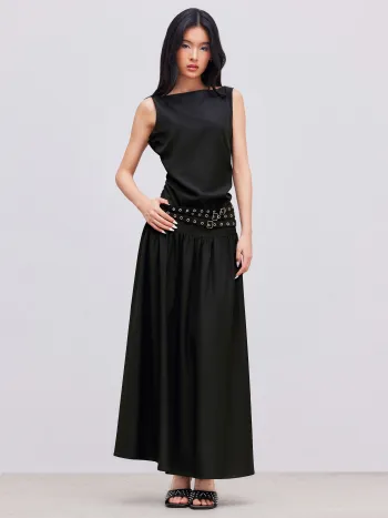 Woven Boat Neck Sleeveless Maxi Dress With Belt