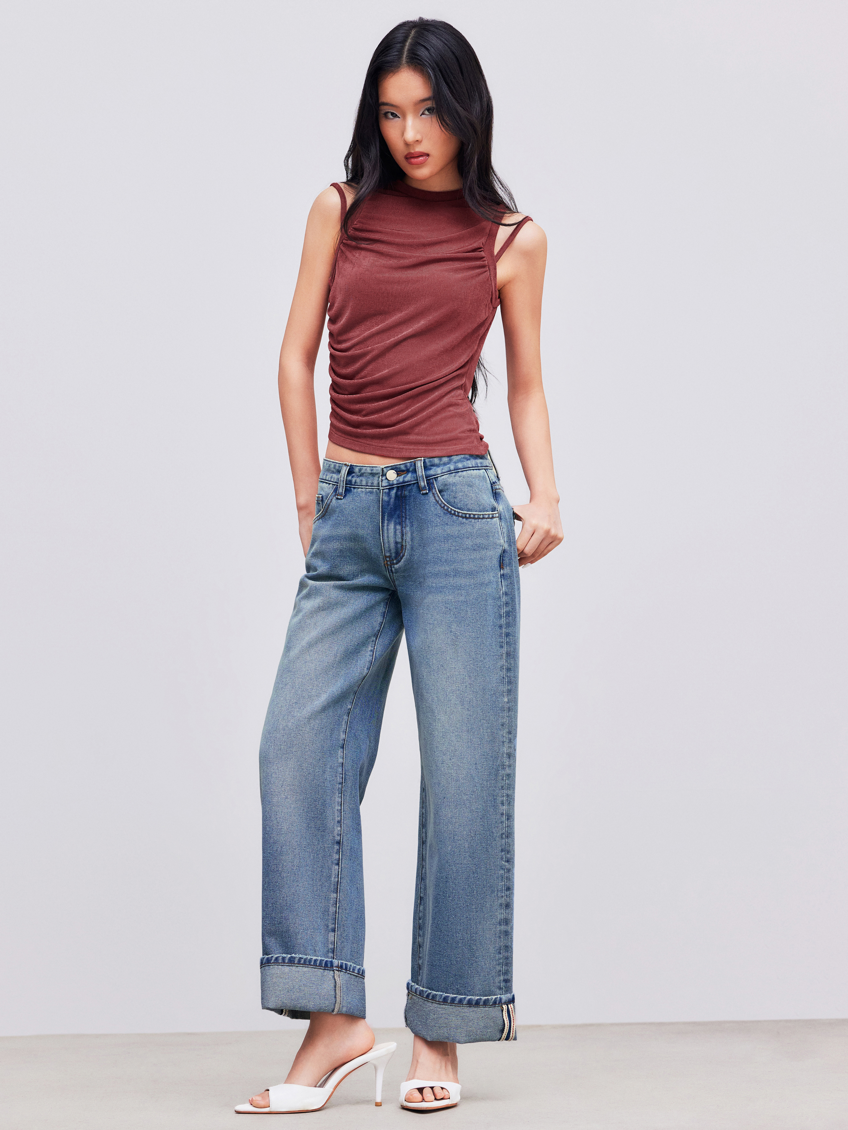 Straight Leg Jeans Denim Cider Denim Low Rise Roll Hem