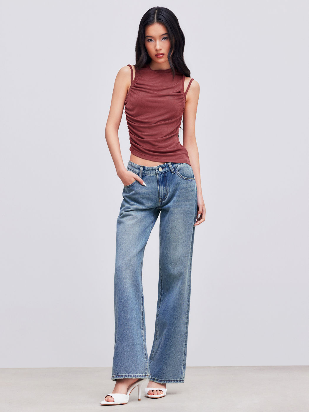 Round Neck Solid Asymmetrical Hem Ruched Tank Top