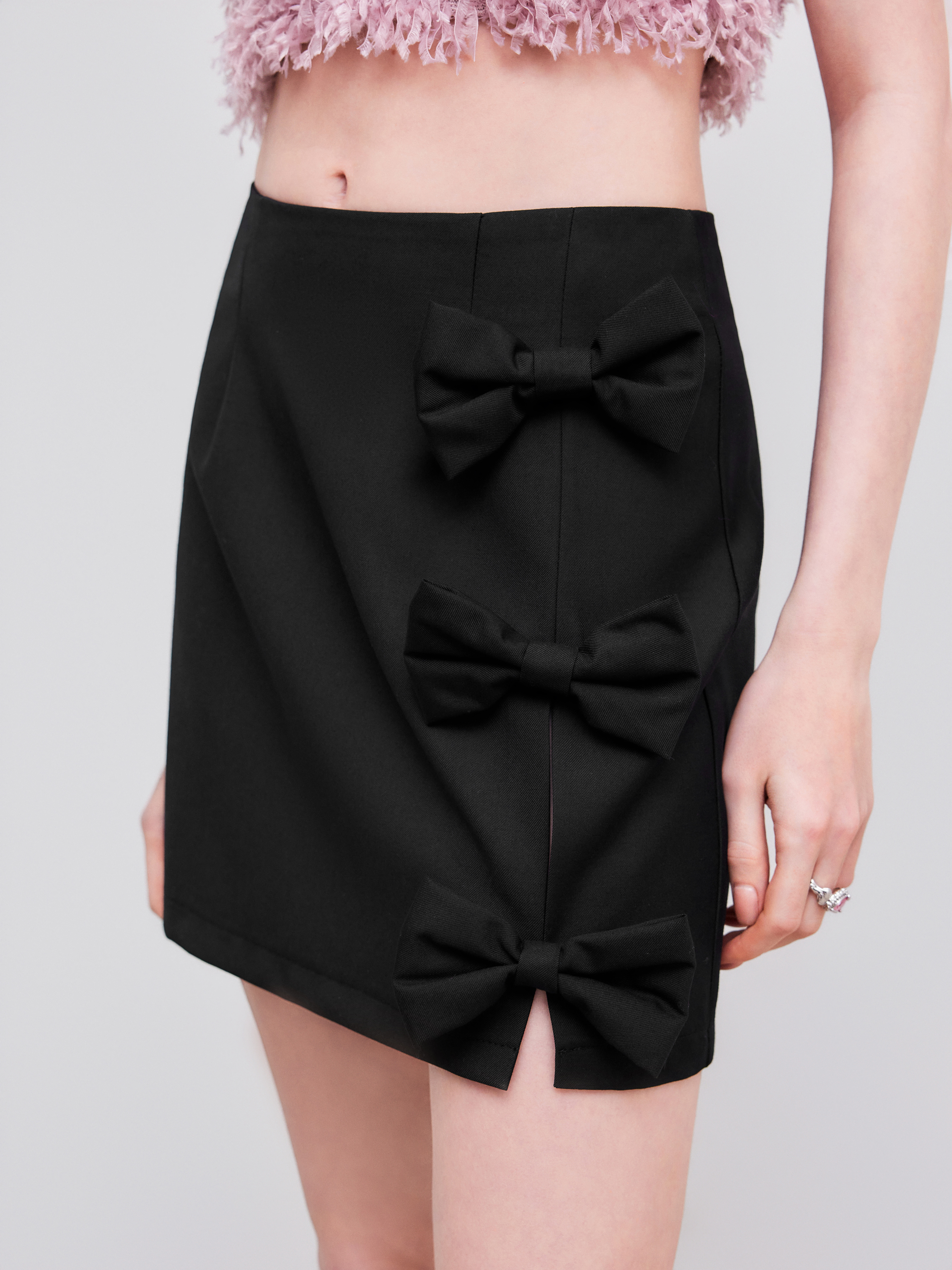 Woven Woven Mid Rise Solid Bowknot Mini Skirt For Date