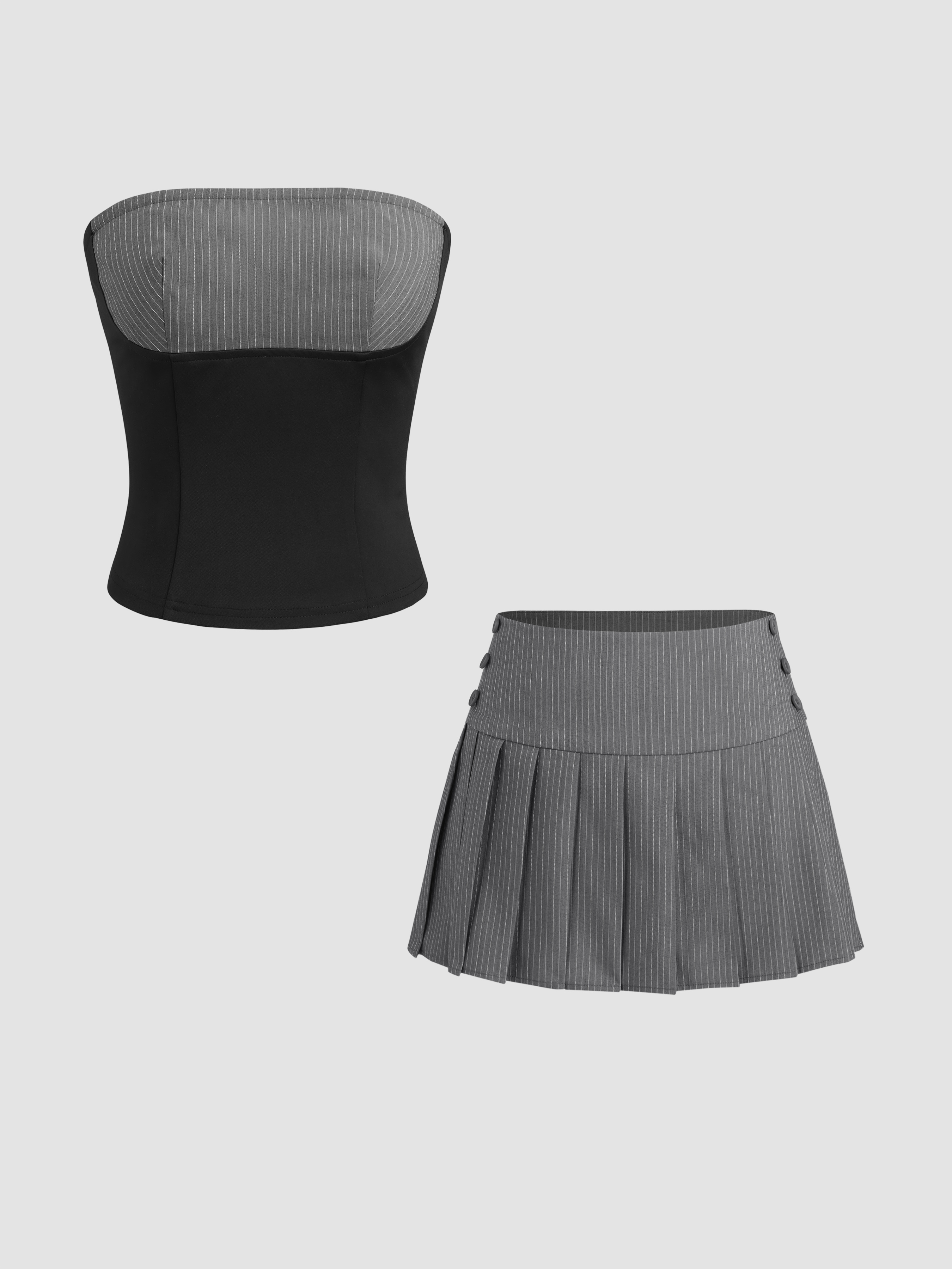 Two-Piece Set with Bow Top and Pleated Mini Skirt - Beige