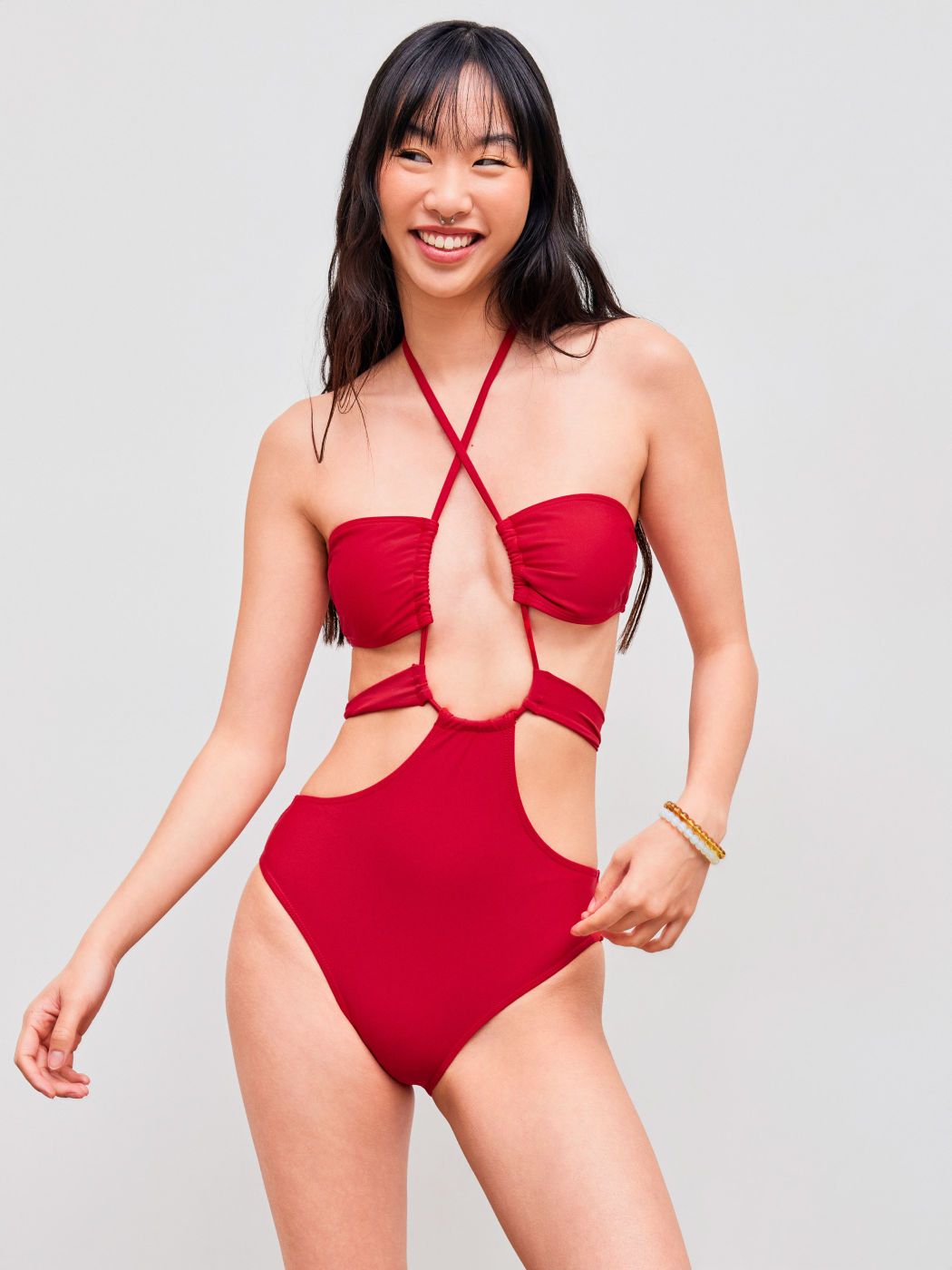 Halter Cut Out Solid One Piece Swimsuit