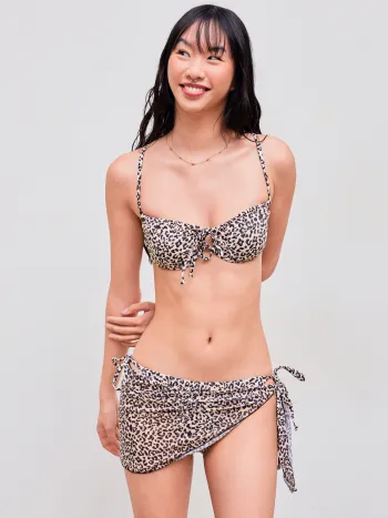 Square Neck Leopard Underwire Tie Side Bikini Swimsuit With Sarong