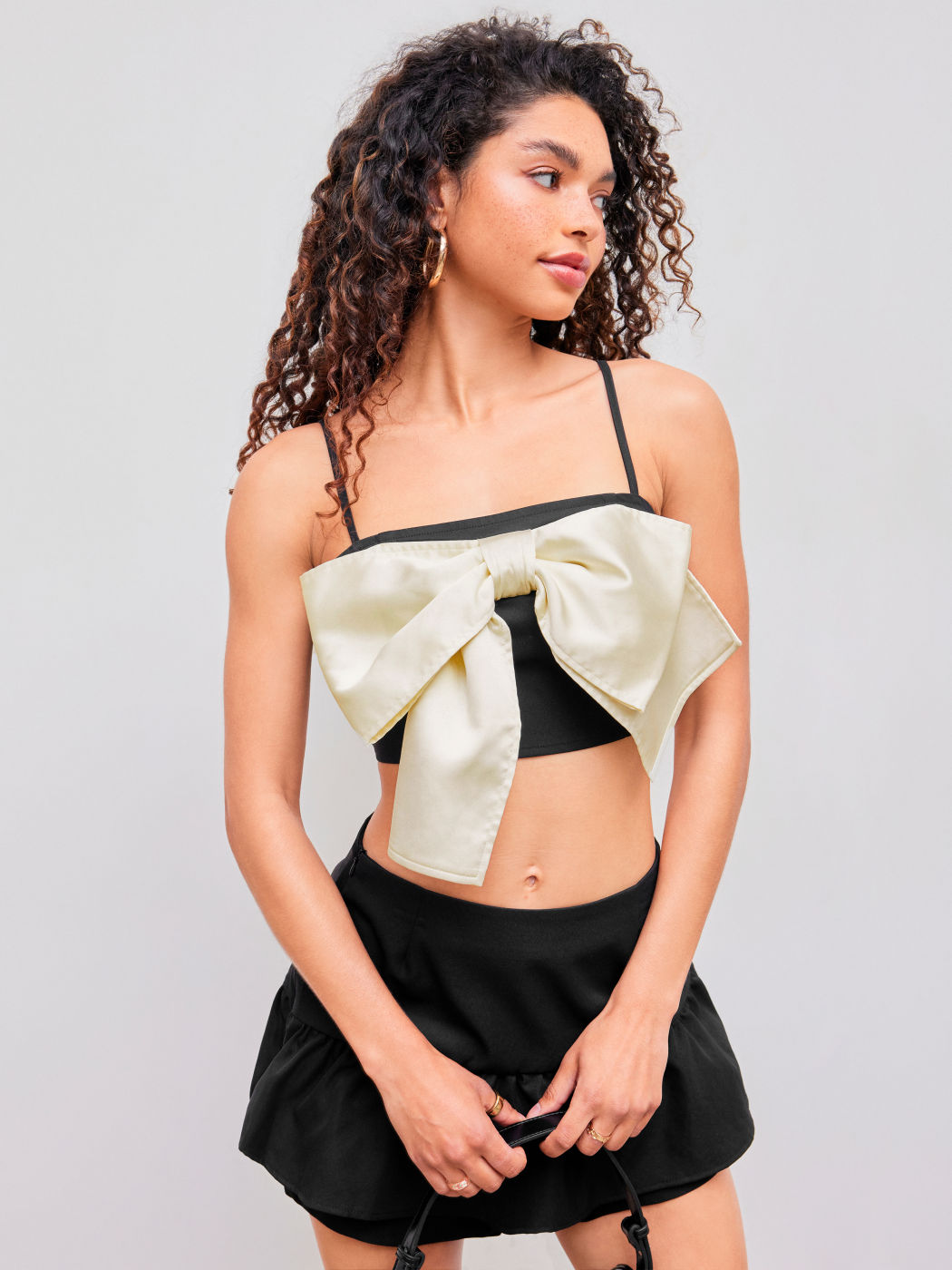 Square Neck Bowknot Shirred Crop Cami Top