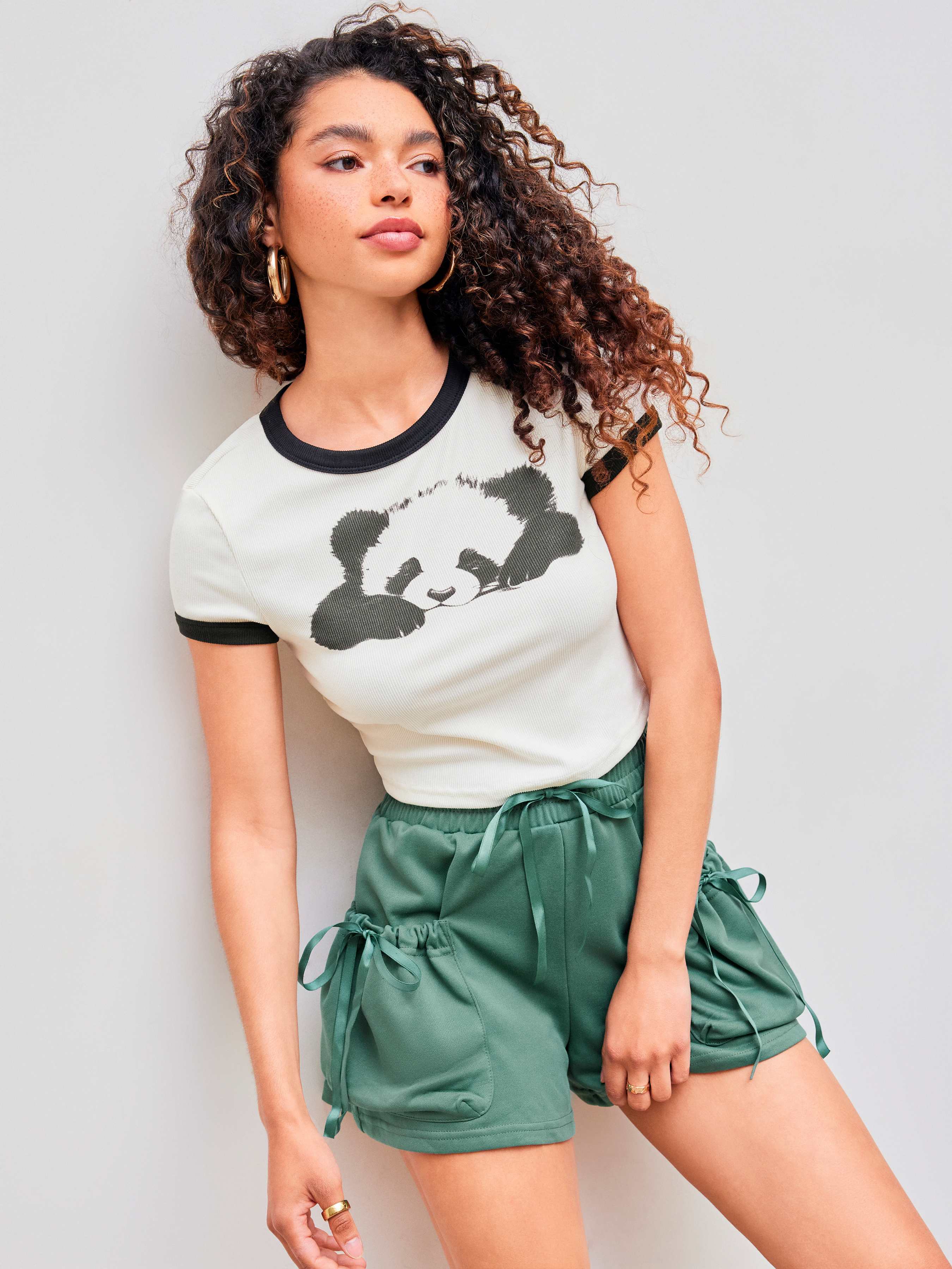 『Cider』ニット・ラウンドネック・バインディング半袖トップス グラフィックTシャツ 夏のトップス キュートなトップス ニット