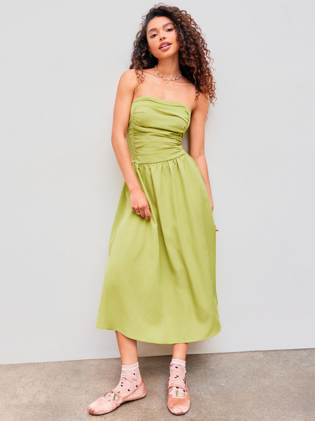 Strapless Ruched Shirred Tube Midi Dress