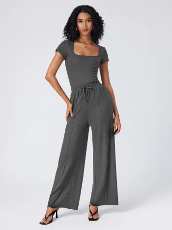 Ensemble body à col en U & pantalon large à taille élastique