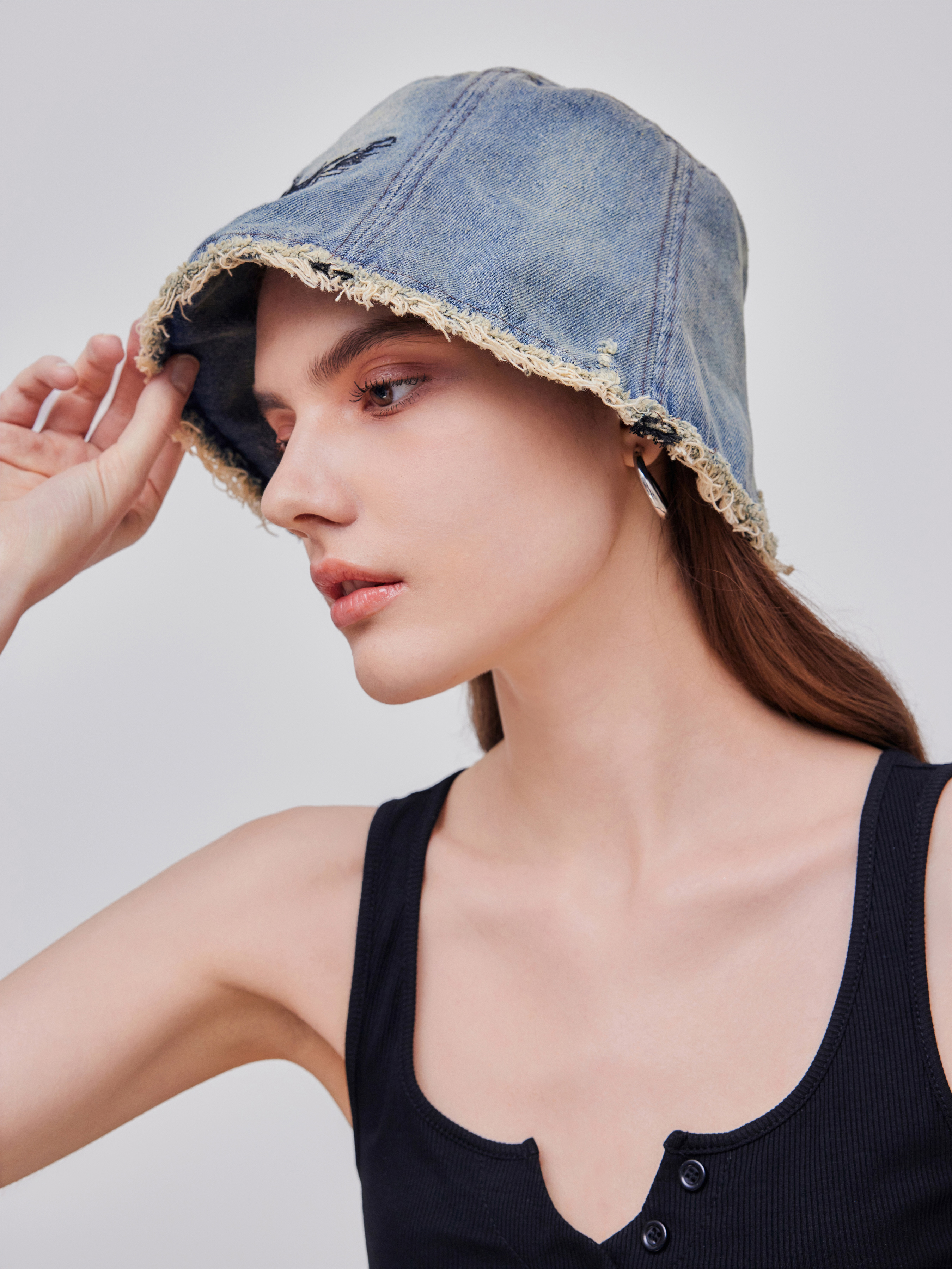 drop patternデニムバケットハット 花柄刺繍デニムハット / バケハ バケットハット ankoROCK(アンコロック