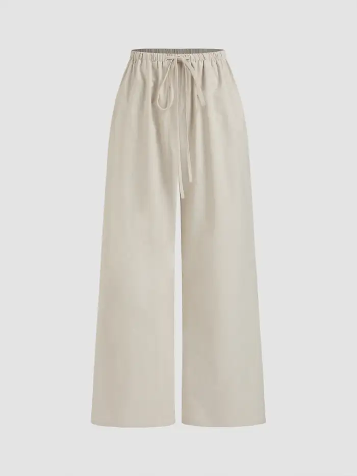 Woven Drawstring Pull-On Wide Leg Pant  For Daily Casual