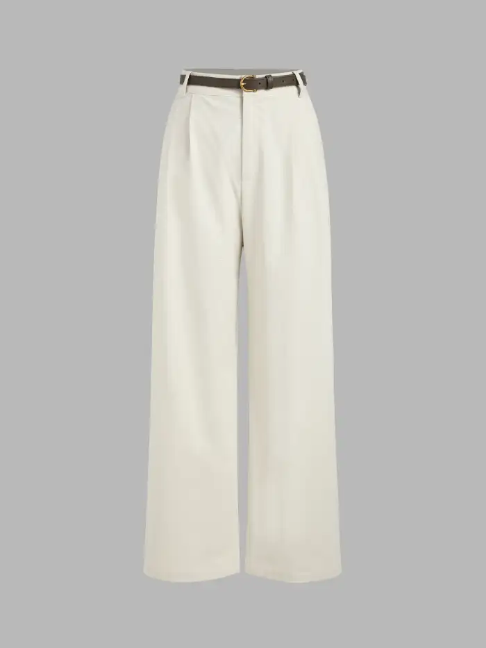 Petite Mid Rise Solid Wide Leg Trousers With Belt