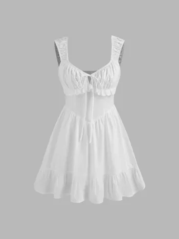  Süßes Einfarbiges Minikleid mit Rüschenbesatz und Knoten-Korsett