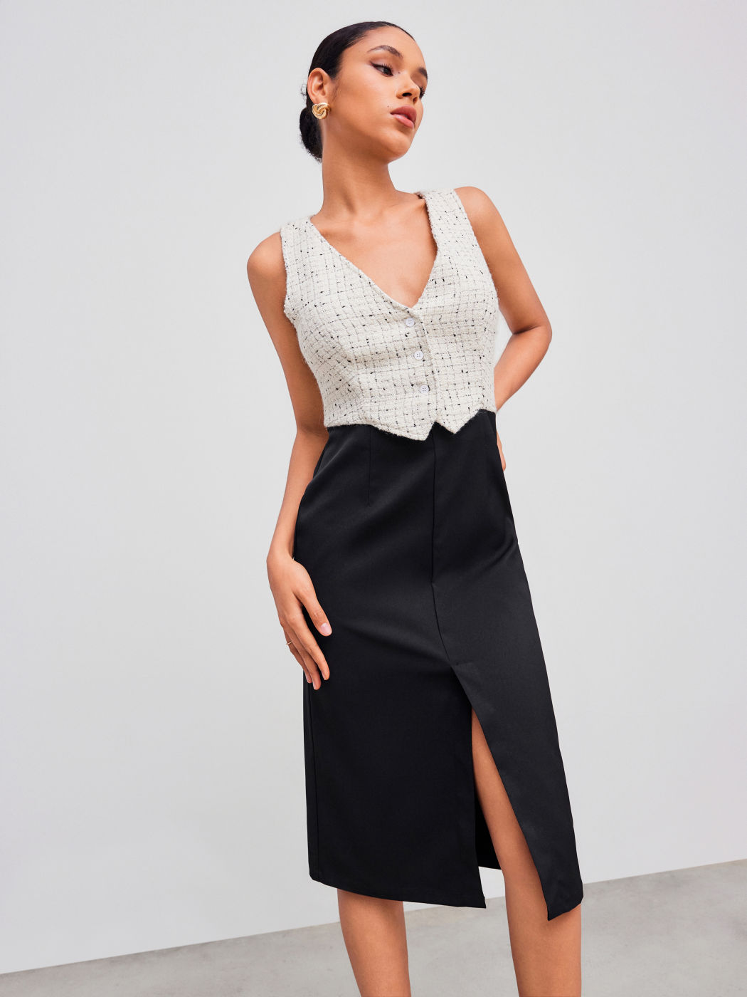 Woven V-neck Solid Two Tone Blazer Sleeveless Midi Dress