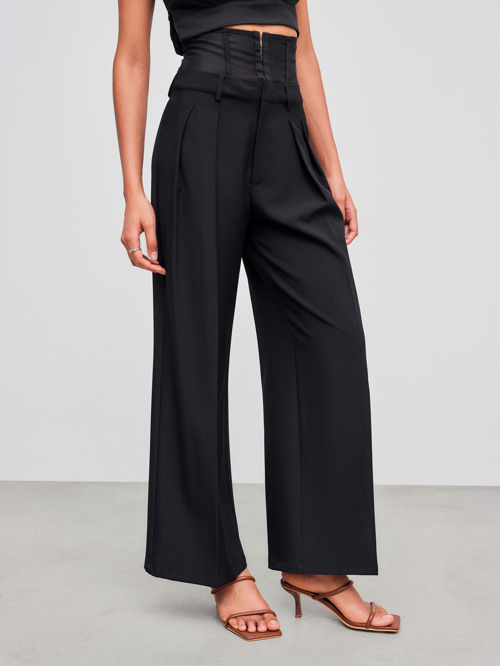 Woven Mid Rise Solid Corset Belt Wide Leg Trousers