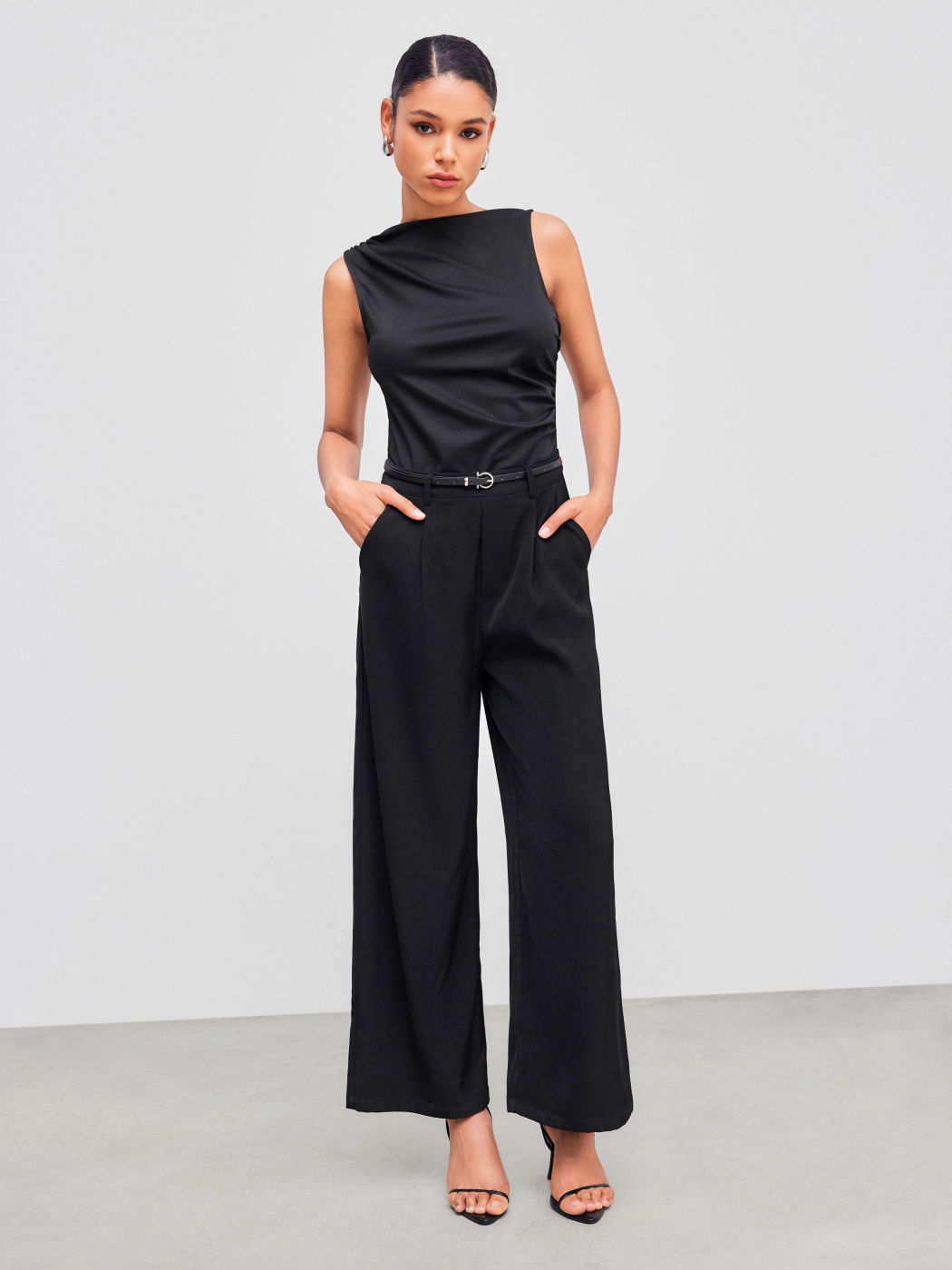 Woven Boat Neck Solid Ruched Jumpsuit With Belt