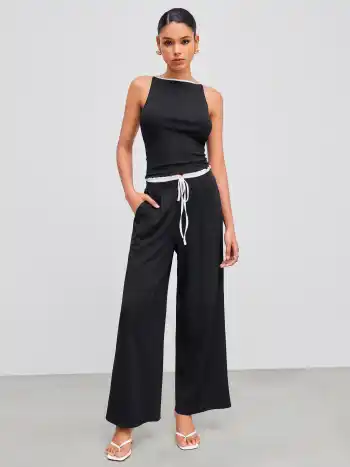 Quadratischer Ausschnitt Einfarbiges Tanktop mit kontrastierender Einfassung & Hose mit weitem Bein und mittlerer Leibhöhe