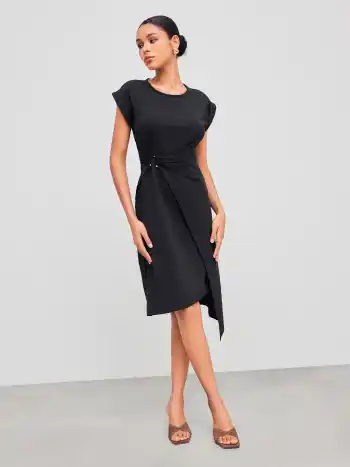 Jersey Rundhals Einfarbig Durchbrochenes Midikleid