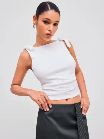 Jersey-Scoop-Halslinie einfarbig mit Schleife und Rüschen Kurzarm-Tank-Top