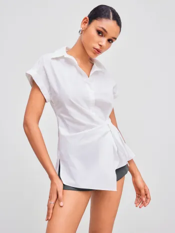 Woven Collar Solid Knotted Short Sleeve Shirt
