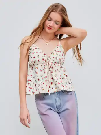 Woven V-neck Floral Lettuce Trim Knotted Cami Top