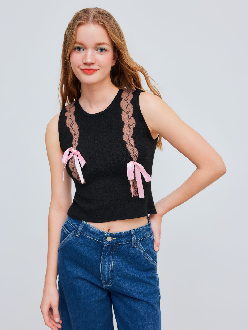 Knitted Round Neck Bowknot Braids Tank Top