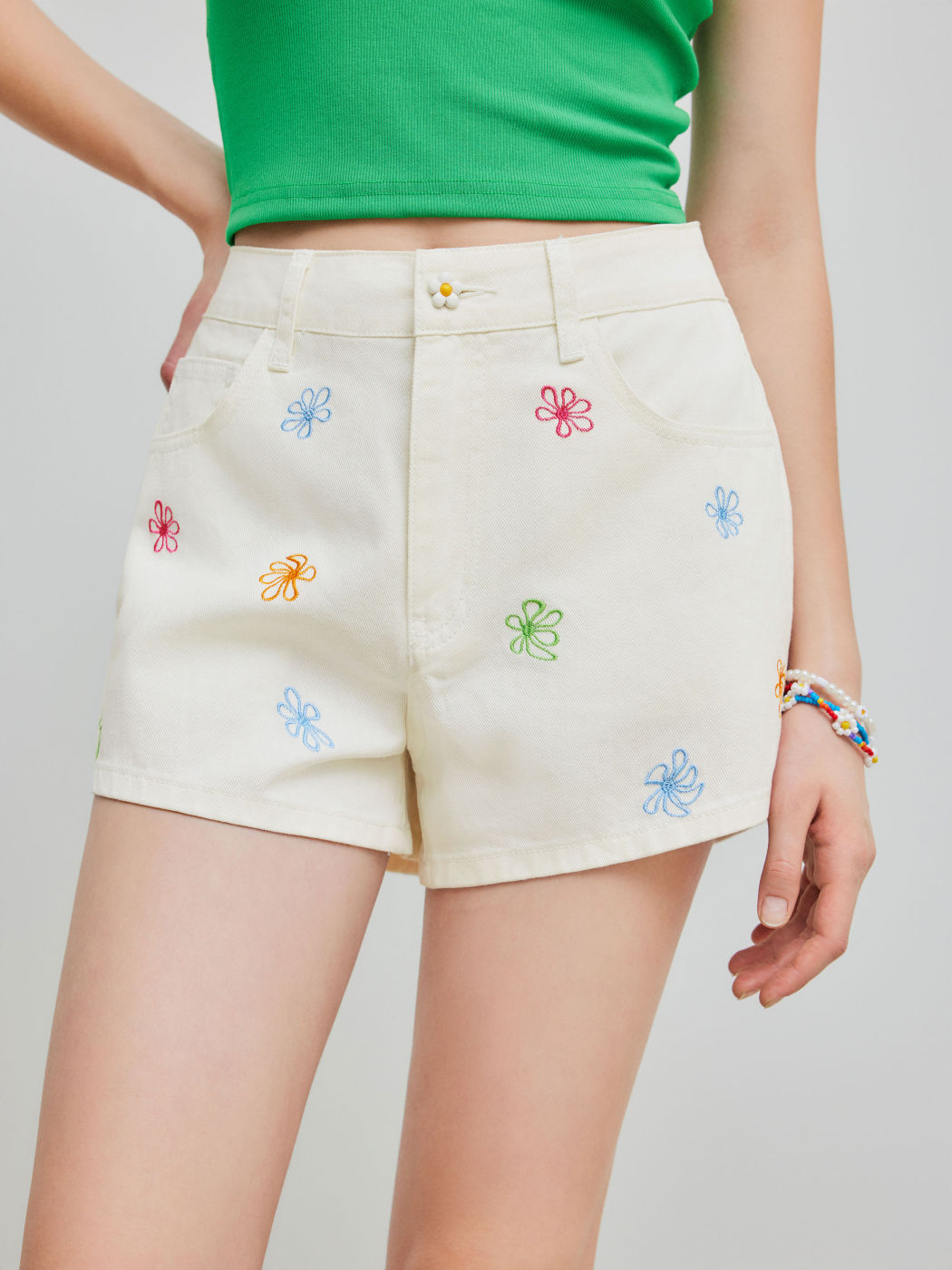Denim Mid Rise Floral Embroidery Wide Leg Shorts