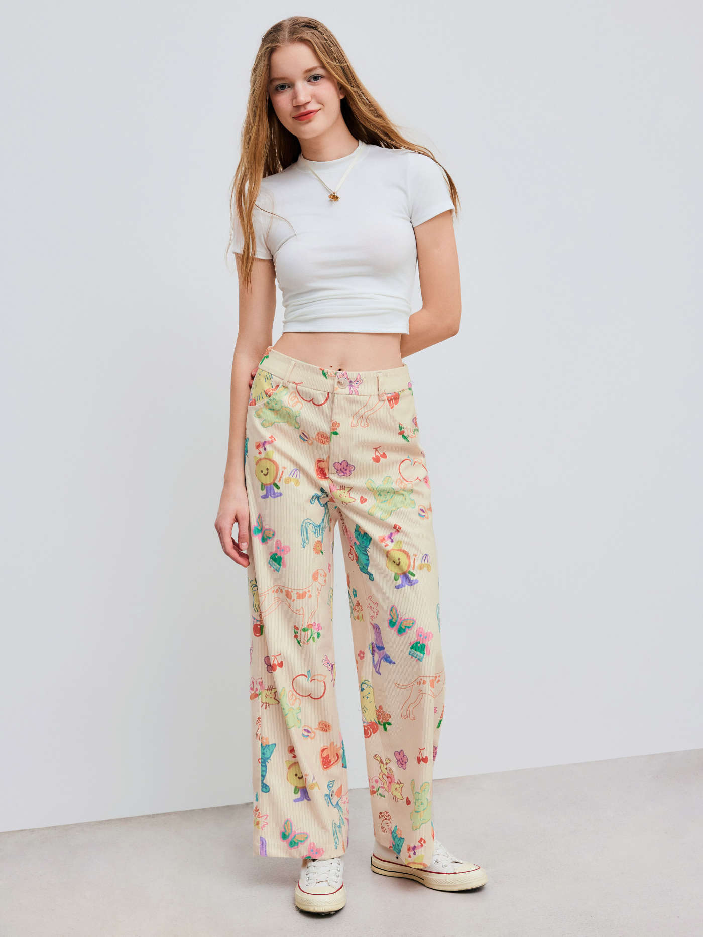 Corduroy Mid Rise Animal & Fruit Graphic Wide Leg Trousers