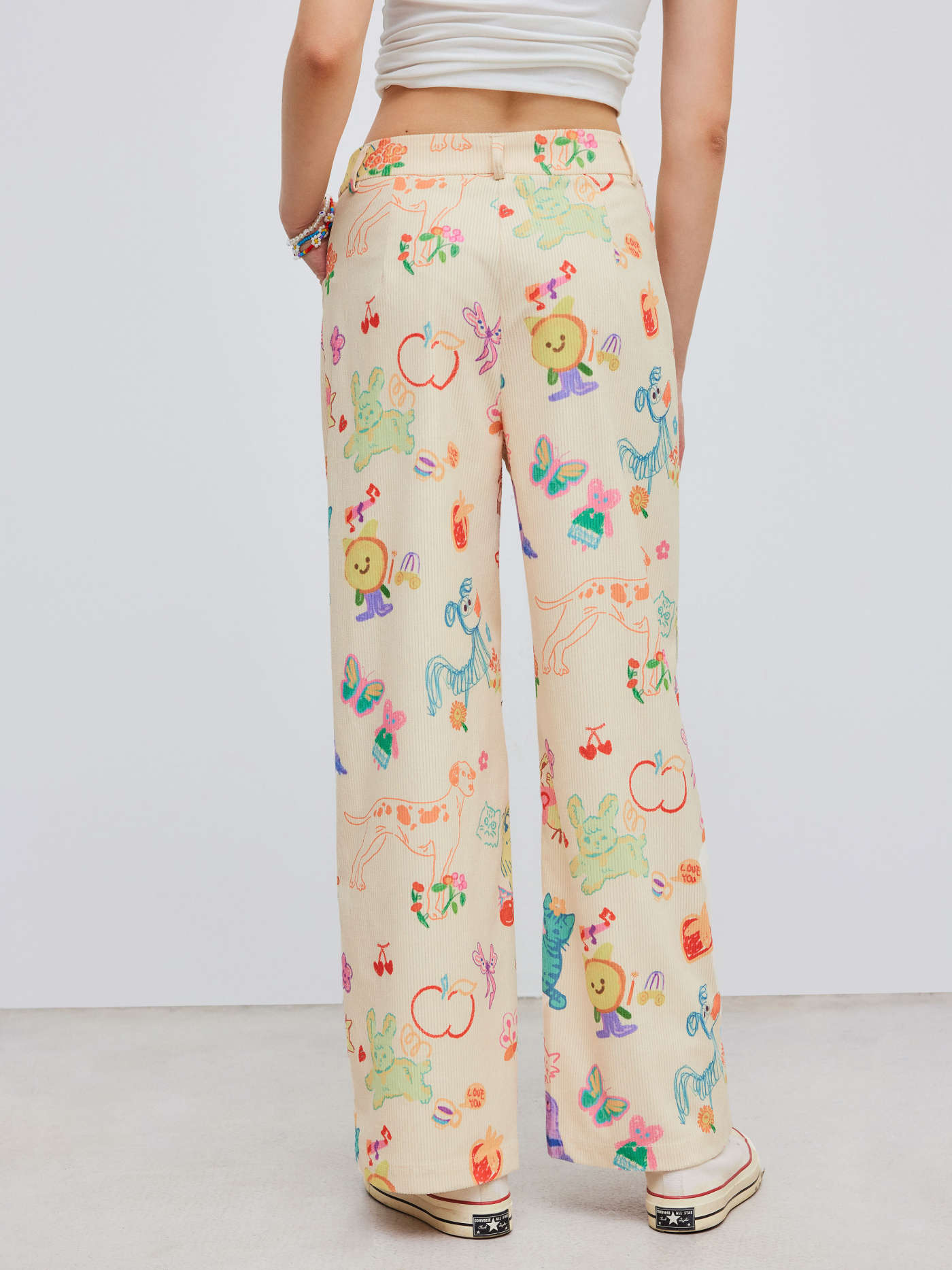 Corduroy Mid Rise Animal & Fruit Graphic Wide Leg Trousers