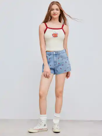 Cider Denim Mid Rise Cherry Embroidery Straight Leg Micro Shorts